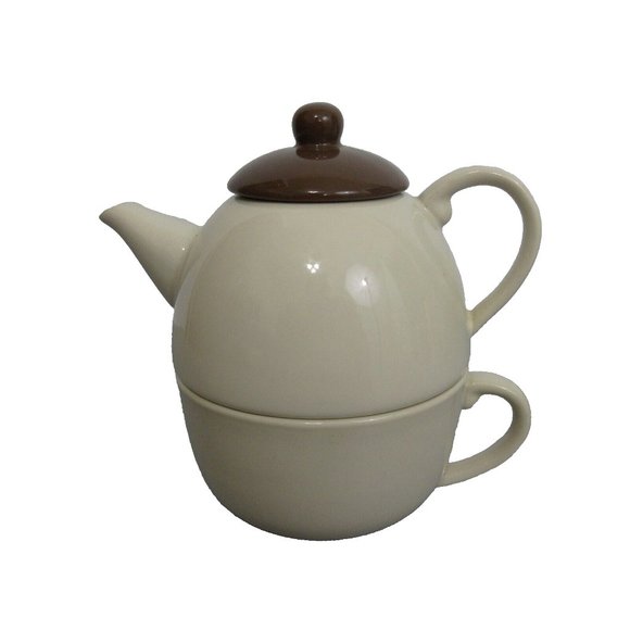 Stoneware Tea for One 3 pc Stackable Set with Teapot & Cup Cream w/Brown Lid - Picture 2 of 13